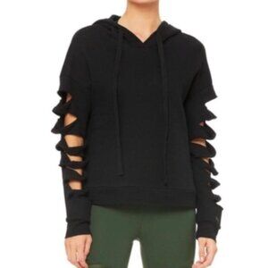 Alo Yoga Slay Hoodie Sweatshirt Small New Black Slashed Long Sleeve Punk Goth